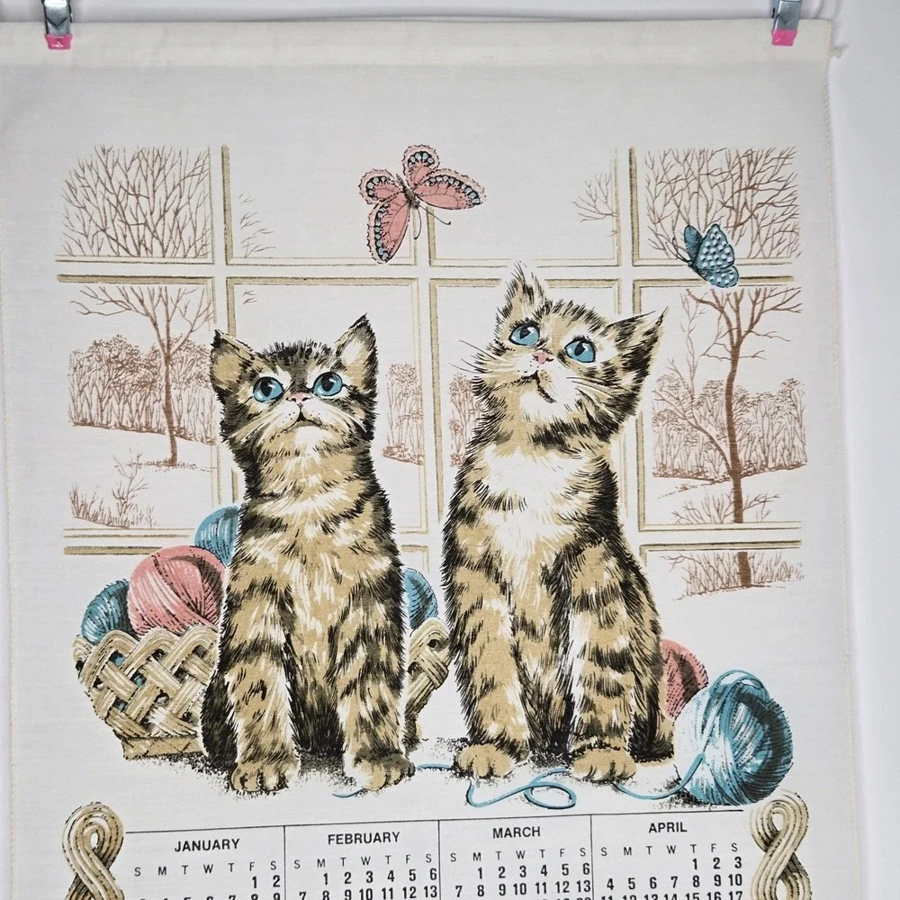 Vintage 1982 Kittens Playing Towel Calendar Polyester Grannycore Cottagecore